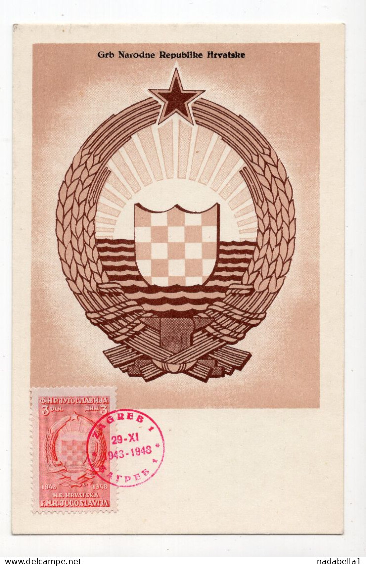 1948. YUGOSLAVIA,CROATIA,ZAGREB,FDC,MC,MAXIMUM CARD,29.11.1943-1948,5 YEARS OF FNRJ,COAT OF ARMS - Cartes-maximum