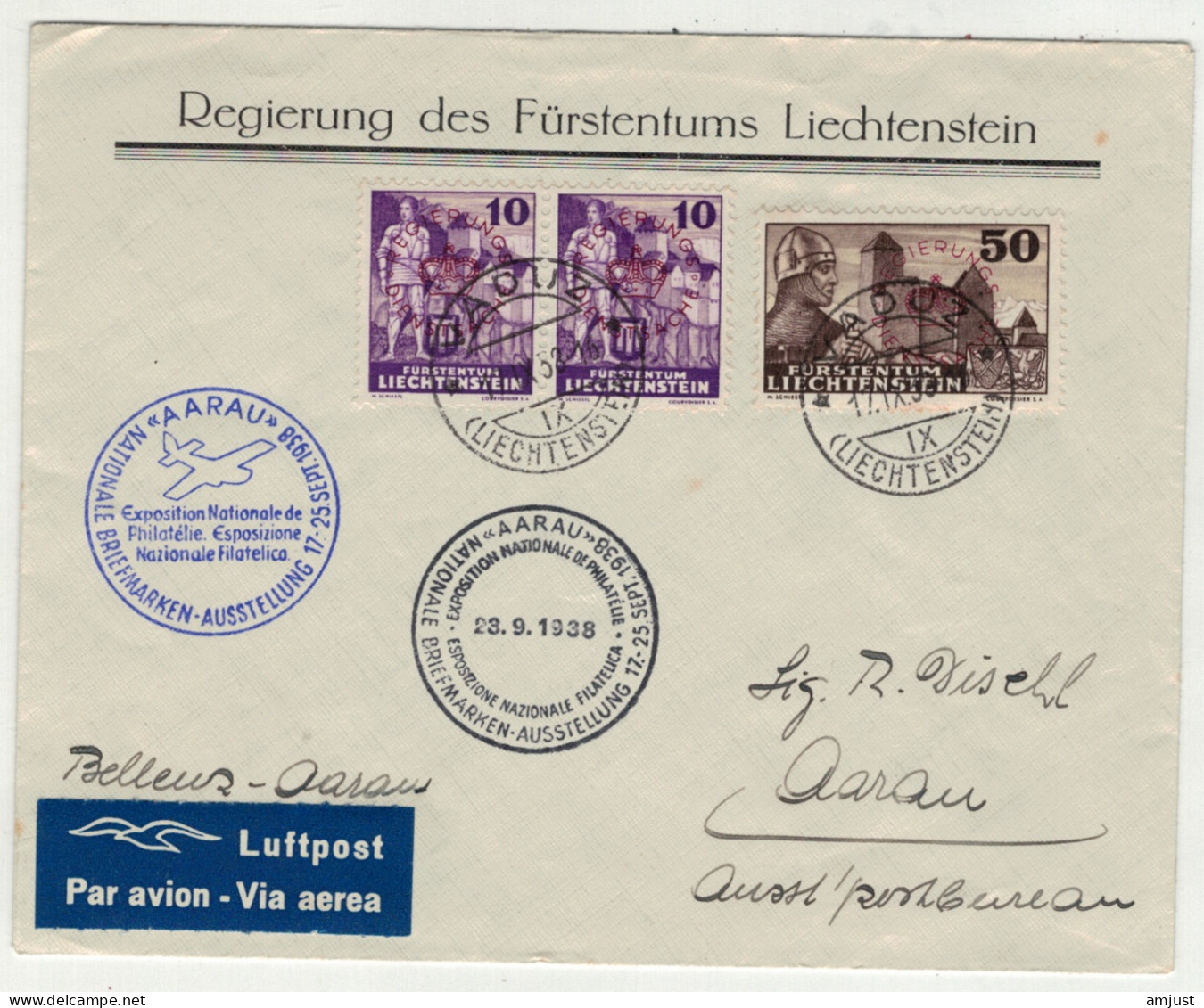 Liechtenstein // Poste Aérienne // Vol Exposition Nationale De Philatélie Aarau, Du 23.09.1938 - Air Post