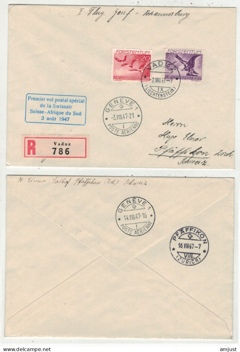 Liechtenstein // Poste Aérienne // 1er Vol Postal Spécial Swissair Suisse -Afrique Du Sud Au Départ  Vaduz Le 2.08.1947 - Aéreo