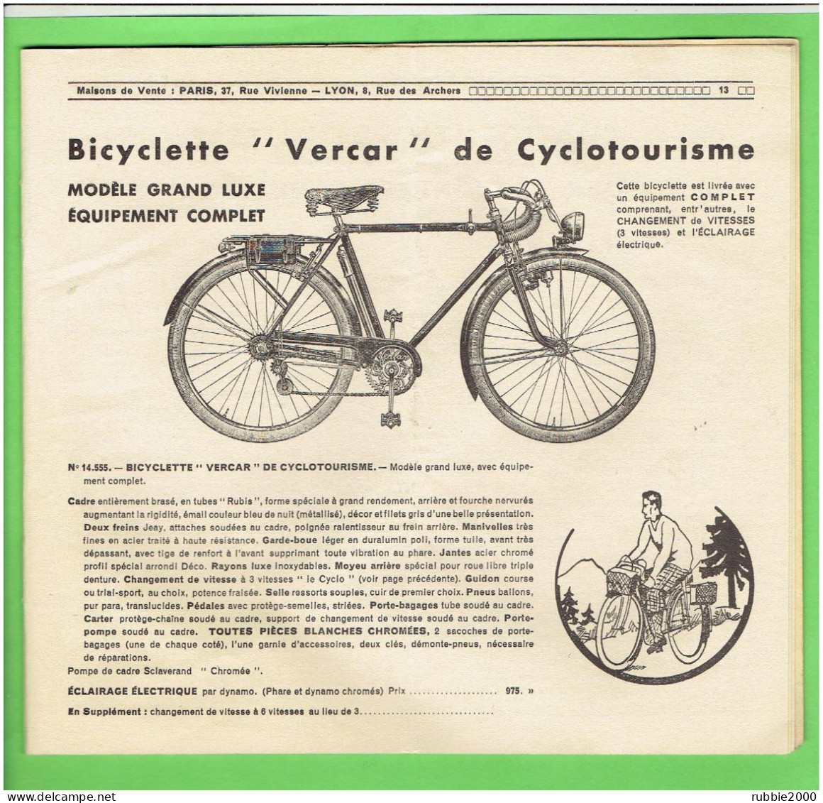 CATALOGUE VERNAY CARRON CYCLES VERCAR A SAINT ETIENNE BICYCLETTE VELO AVERTISSEUR ECLAIRAGE ACETYLENE ELECTRIQUE SELLE - Cyclisme