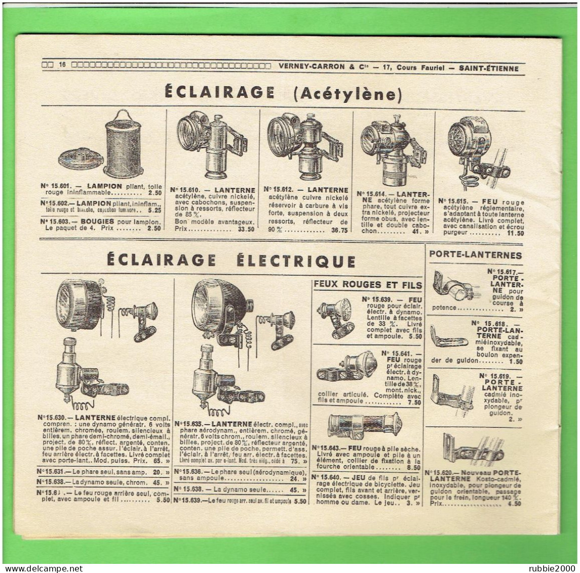 CATALOGUE VERNAY CARRON CYCLES VERCAR A SAINT ETIENNE BICYCLETTE VELO AVERTISSEUR ECLAIRAGE ACETYLENE ELECTRIQUE SELLE - Cyclisme