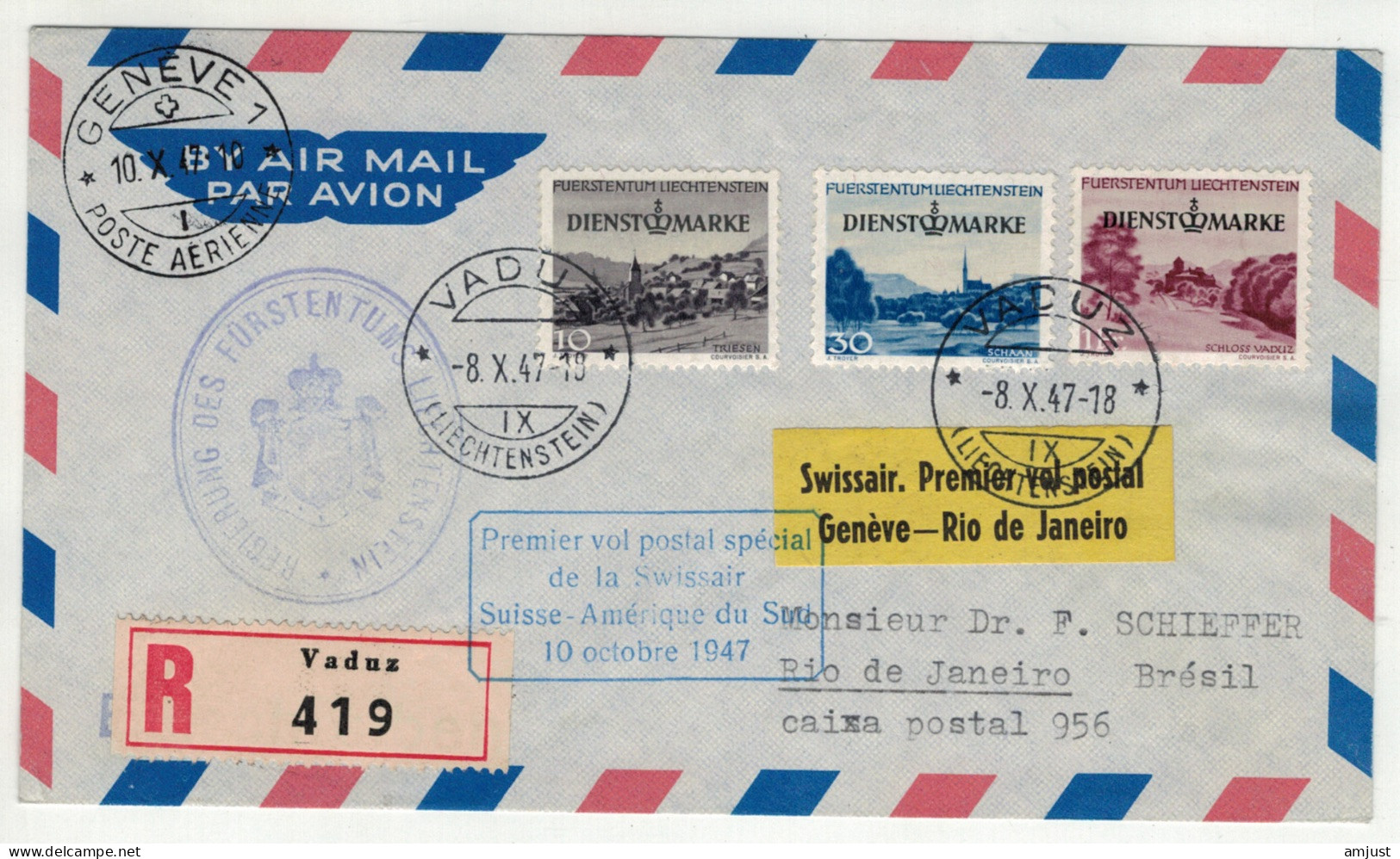 Liechtenstein // Poste Aérienne // 1er Vol Postal Spécial Swissair Genève-Rio De Janeiro Au Départ  Vaduz Le 8.10.1947 - Aéreo