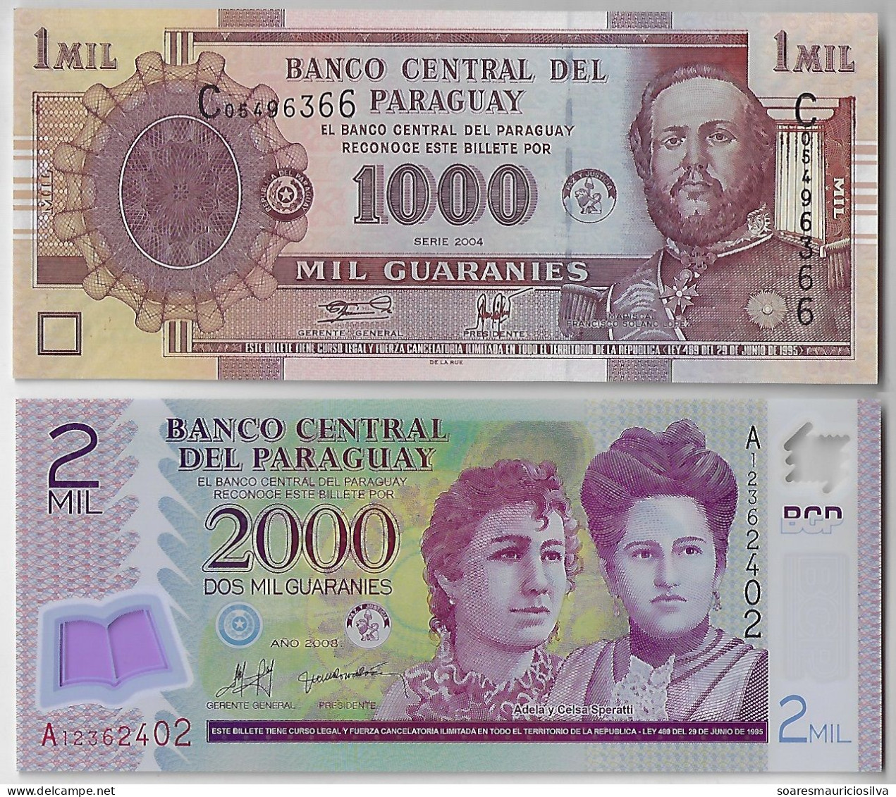 Banknote Paraguay 1,000 Guaranis 2004 Pick-222a + 2,000 Guaranis 2008 Pick-228 Both Uncirculated (catalog US$15) - Paraguay