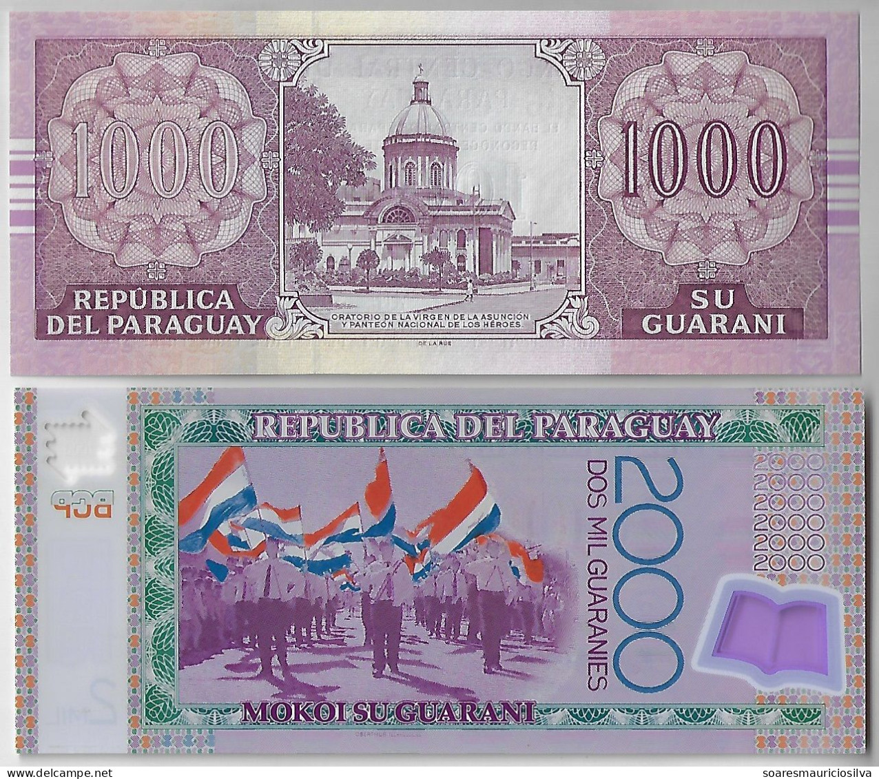 Banknote Paraguay 1,000 Guaranis 2004 Pick-222a + 2,000 Guaranis 2008 Pick-228 Both Uncirculated (catalog US$15) - Paraguay