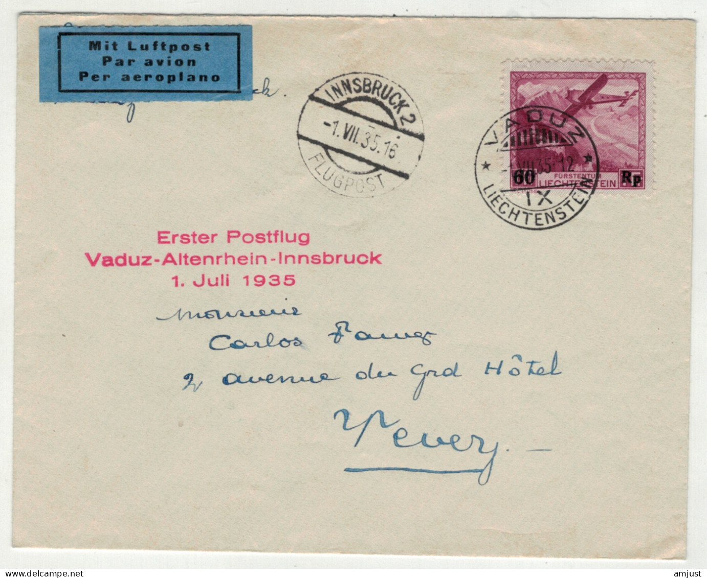 Liechtenstein // Poste Aérienne // Erster Postflug Vaduz-Altenrhein-Innsbruck Du 1.07.1935 - Air Post