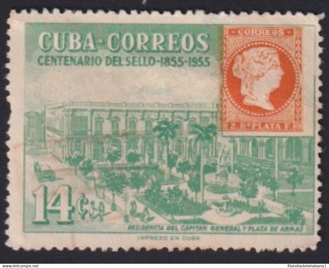 1955-360 CUBA REPUBLICA 1955 14c CENTENARY OF STAMPS DISPLACED STAMPS PRINTING.  - Usati