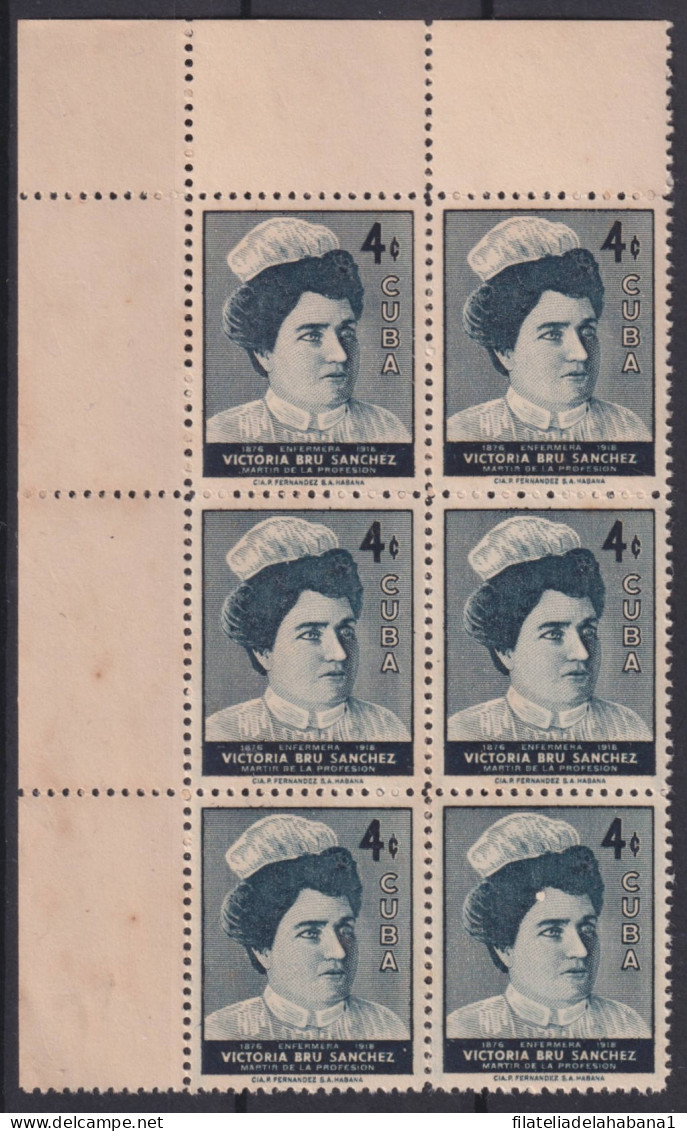 1957-502 CUBA REPUBLICA 1957 VICTORIA BRU SANCHEZ NURSE ENFERMERIA BLOCK 6 ORIGINAL GUM.  - Unused Stamps