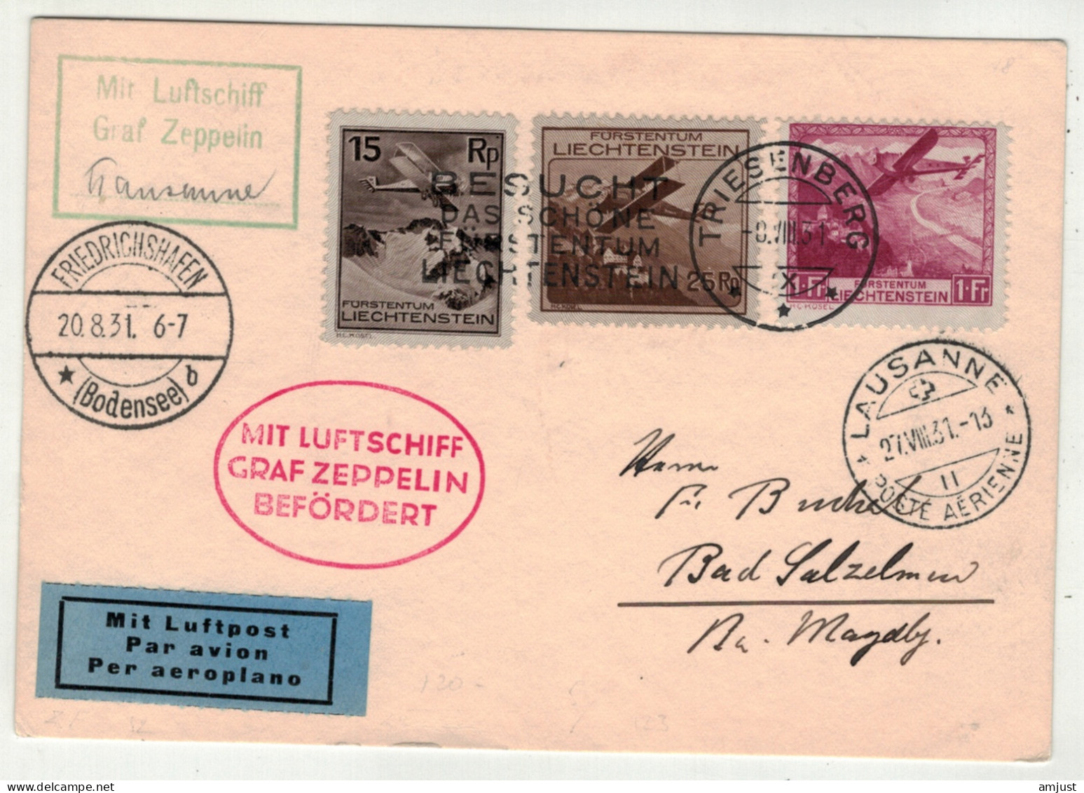 Liechtenstein // Poste Aérienne //Vol Graf Zeppelin Triesenberg-Lausanne 27.08.1931 - Aéreo