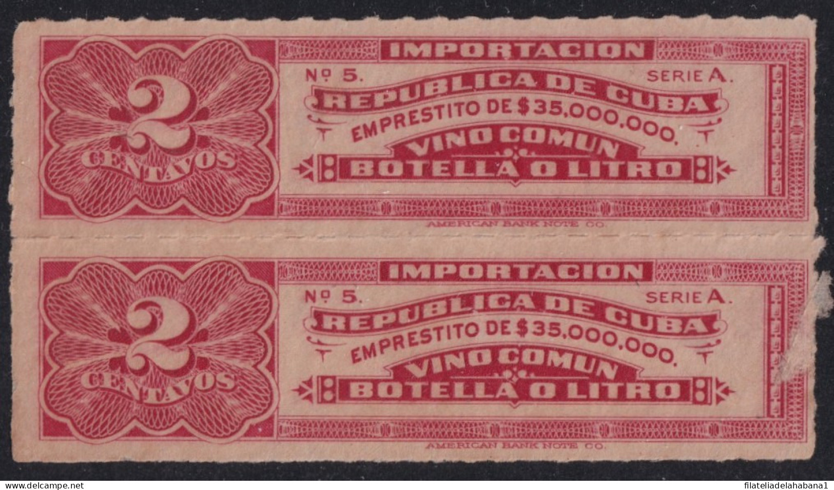 REP-530 CUBA REPUBLICA REVENUE 2c IMPORTACION VINO COMUN PAIR WINE BEVERAGE.  - Impuestos