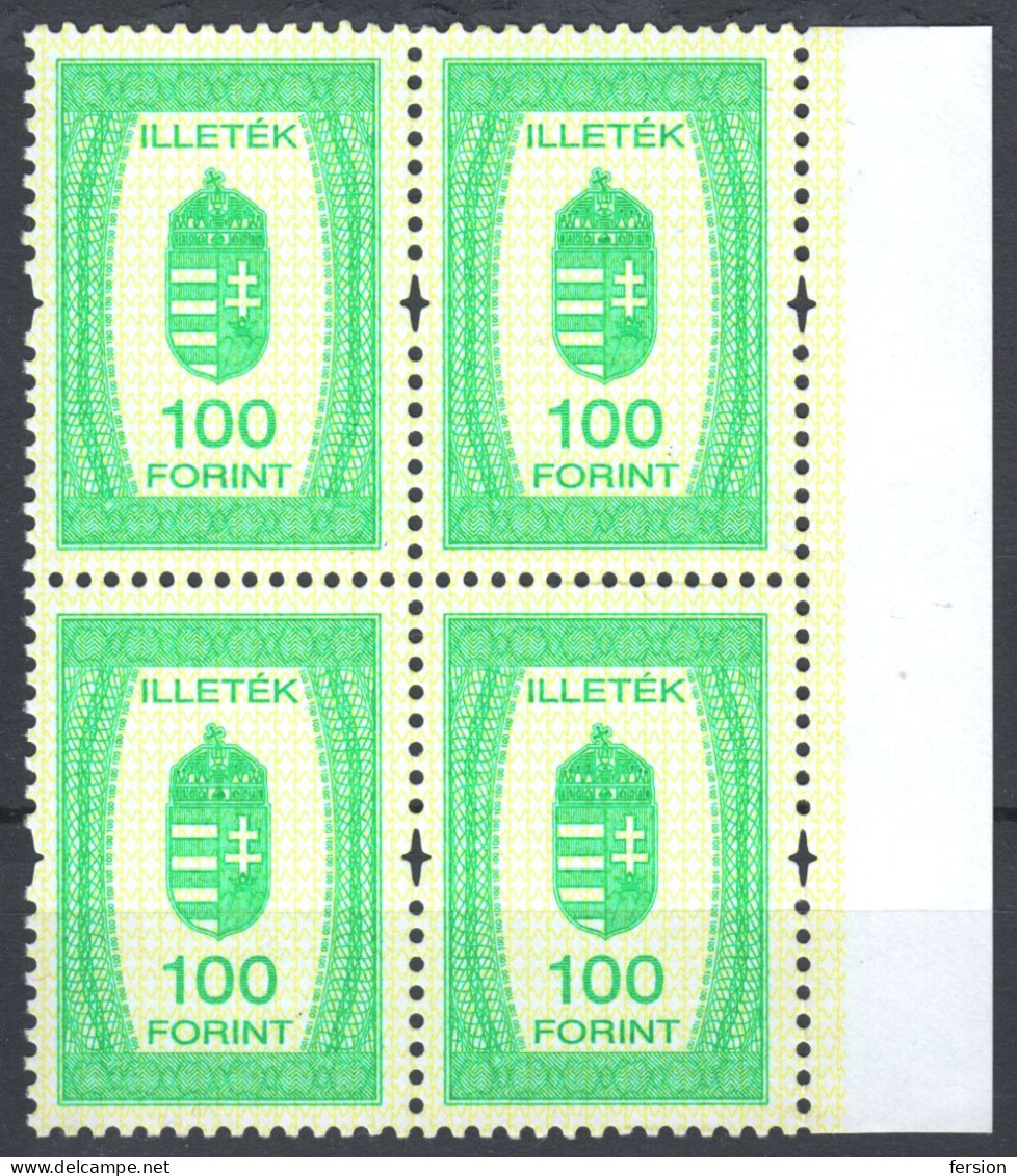 1991 Hungary - Revenue Tax Judaical Stamp - 100 Ft - MNH Block Of Four - Coat Of Arms - Steuermarken