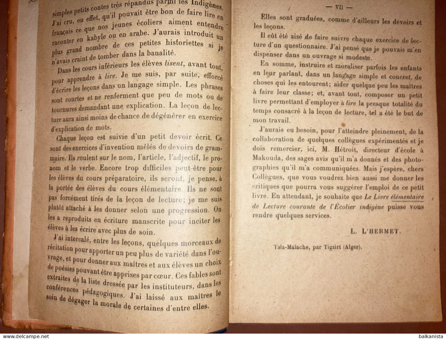 Le Livre Elementaire De Lecture Courante de l'Ecolier Indigene Pays De Langue Arabe L. L'Hermet 1929