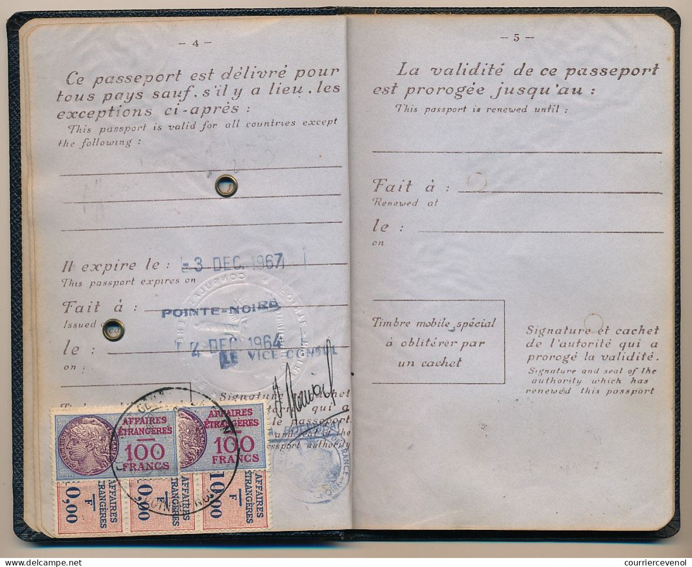 FRANCE - Passeport Délivré à Pointe Noire (Congo Français) 1964 - Visas France, Portugal, Congo - Lettres & Documents