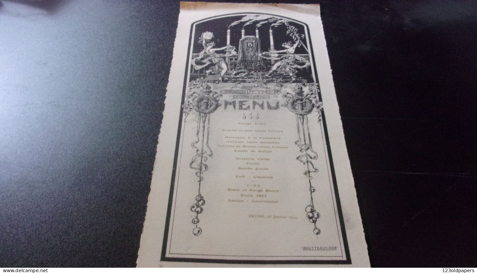 RARE 1914 MENU ILLUSTRE PAR BOUTTERIN VILLE BEURE PRES BESANCON JANVIER A LA MEMOIRE DE LAETHIER JOSEPH HUGUES - Menu