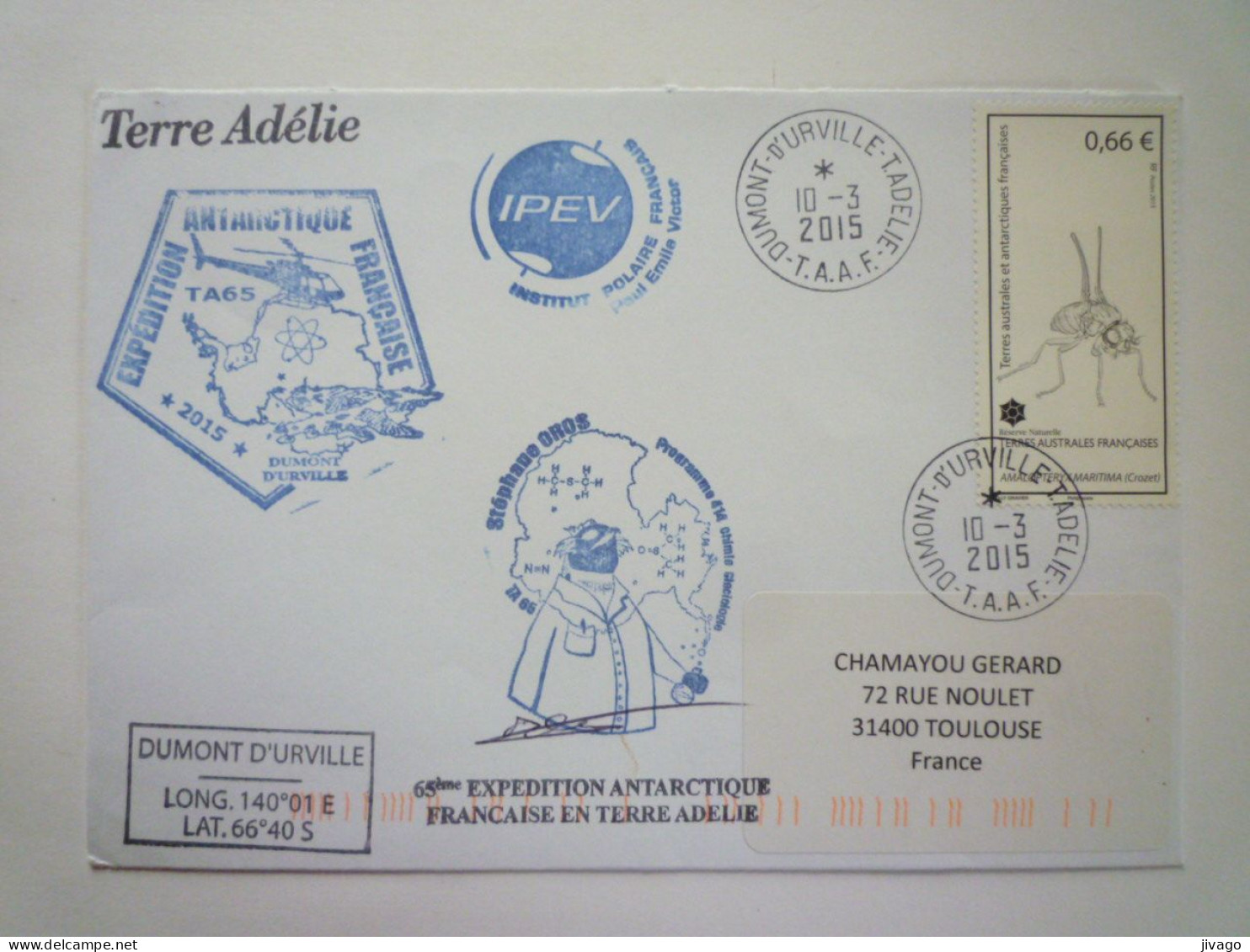 2023 - 1077  TAAF  -  Enveloppe  2015  Au Départ De DUMONT D'URVILLE  TERRE ADELIE   XXX - Cartas & Documentos