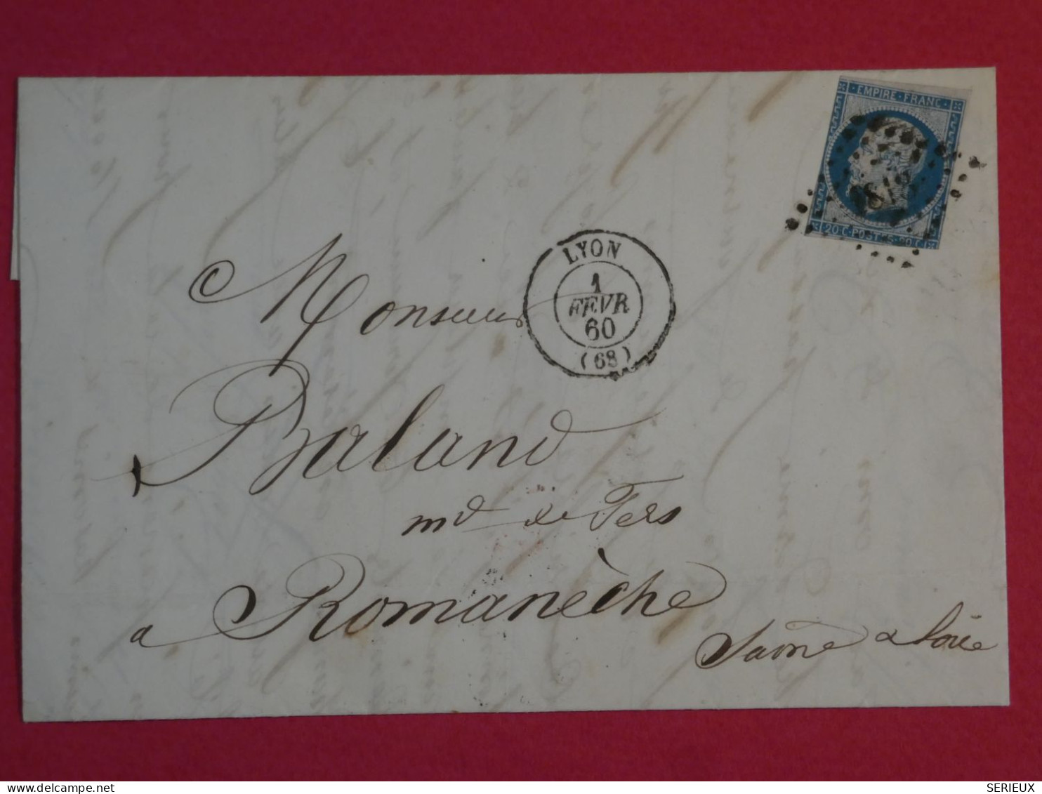 BT3 FRANCE  BELLE LETTRE 1860 LYON A ROMANECHE  +N°14 COUPE SERPE ! + AFF. INTERESSANT+++ - 1853-1860 Napoleon III