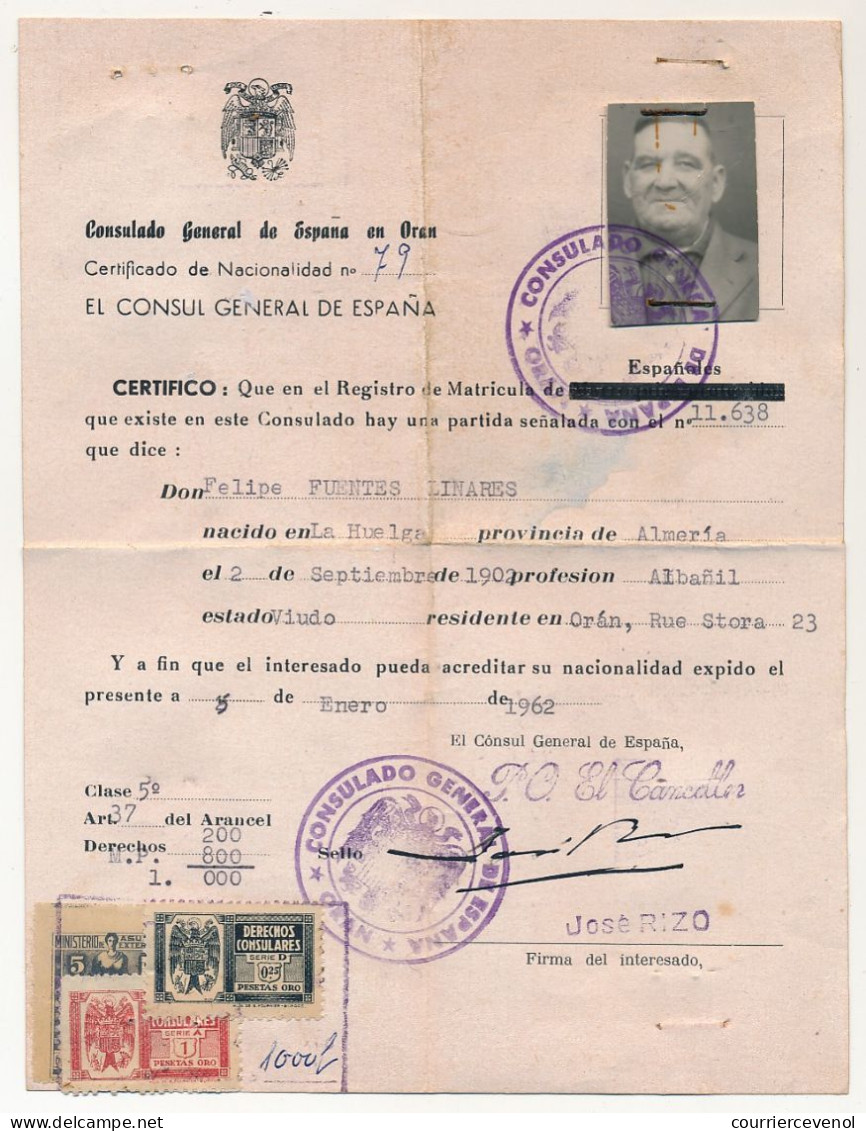 ESPAGNE / ALGERIE - Certificat De Nationalité Et Passeport Espagnols, Délivrés à ORAN (Algérie) 1962 - Documents Historiques