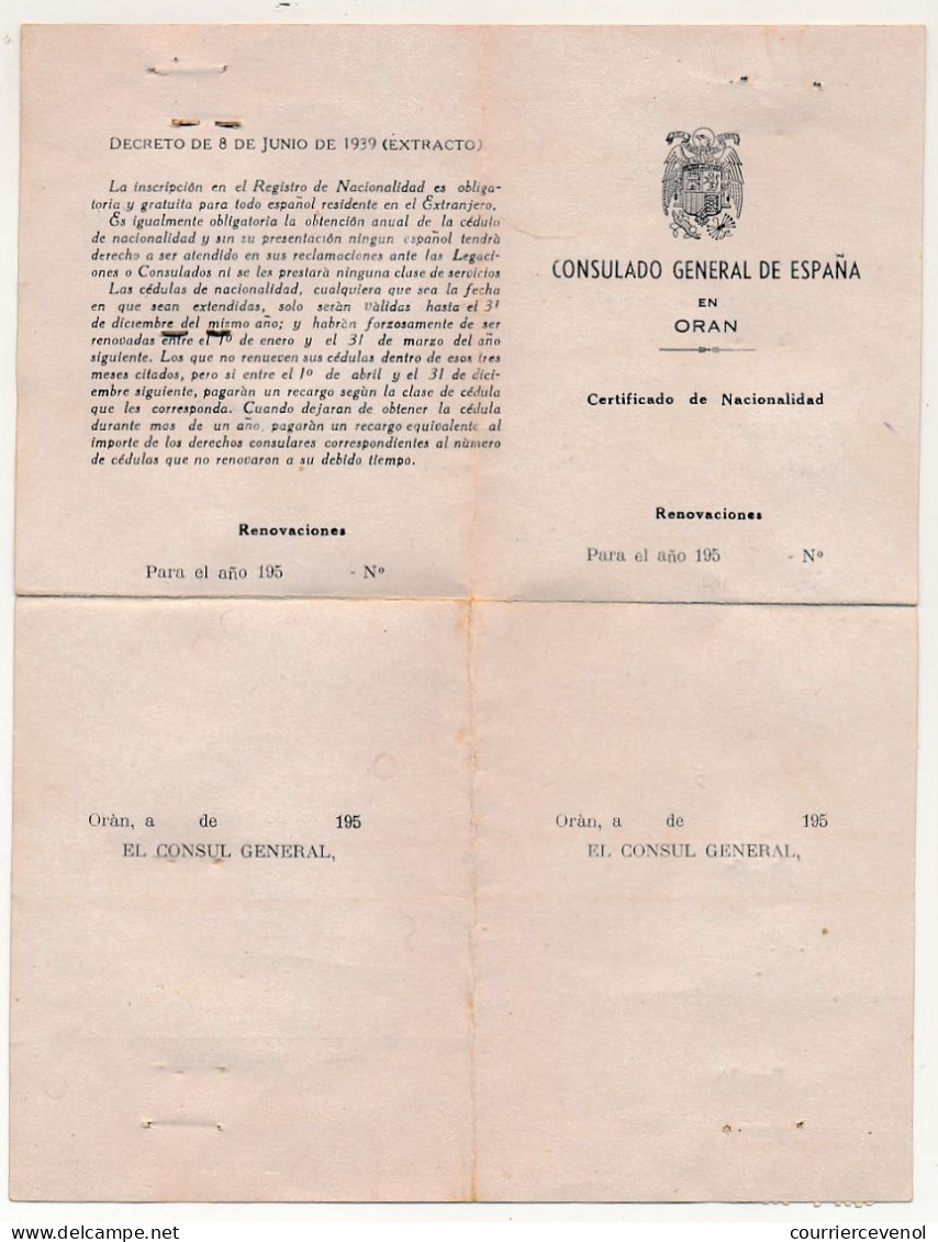 ESPAGNE / ALGERIE - Certificat De Nationalité Et Passeport Espagnols, Délivrés à ORAN (Algérie) 1962 - Documents Historiques