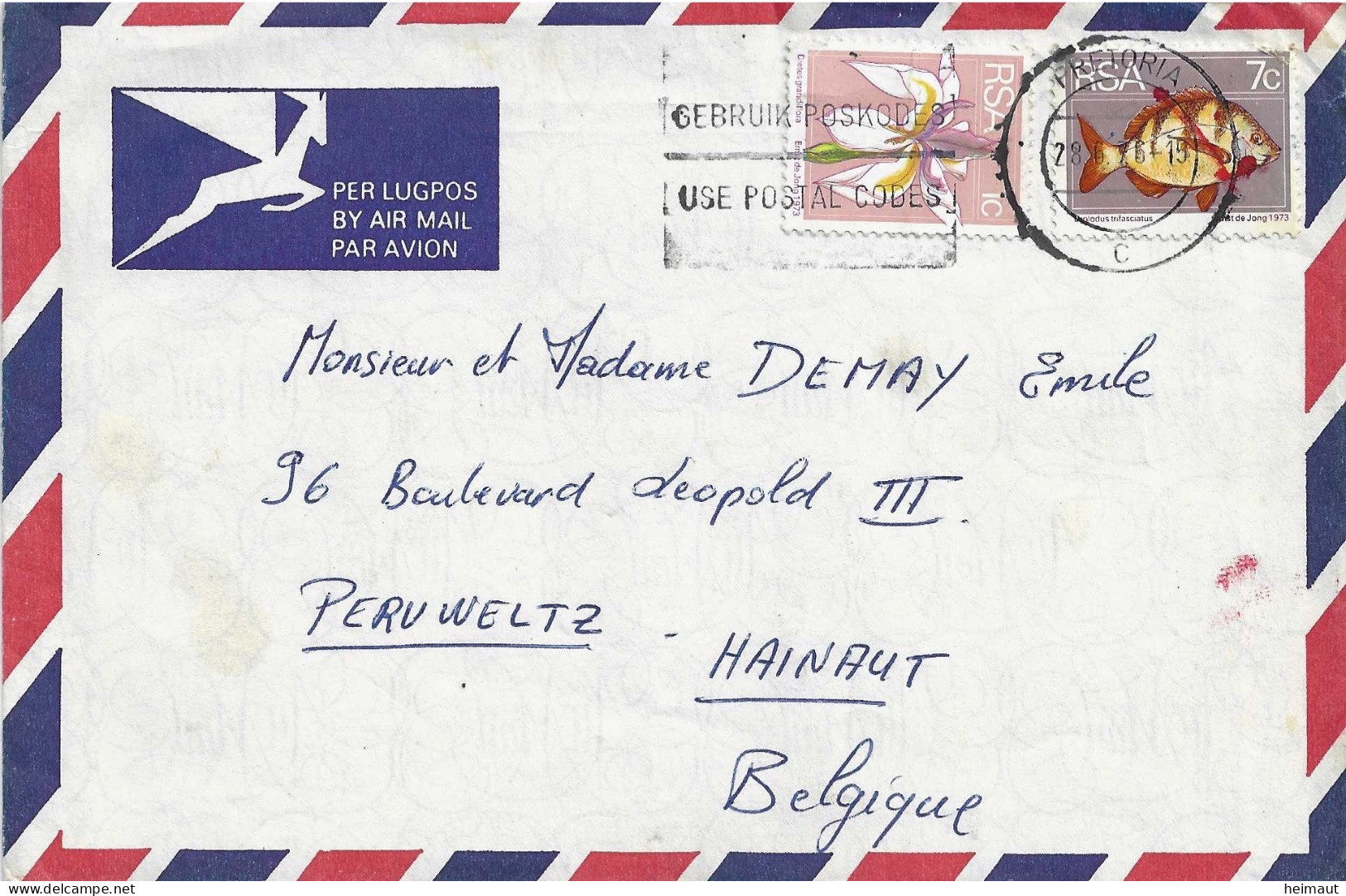 Enveloppe Par Avion De Pretoria à Péruwelz 1976 - Airmail