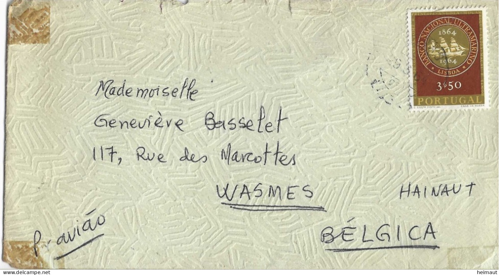 Lettre Avion Du Portugal à Wasmes 1964 - Brieven En Documenten