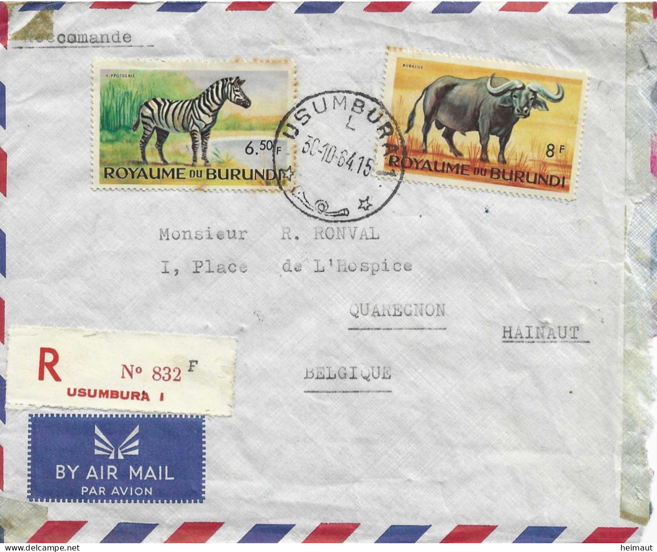 Lettre Recommandée Air Mail D'Usumbura 1 à Quaregnon 1964 - Briefe U. Dokumente