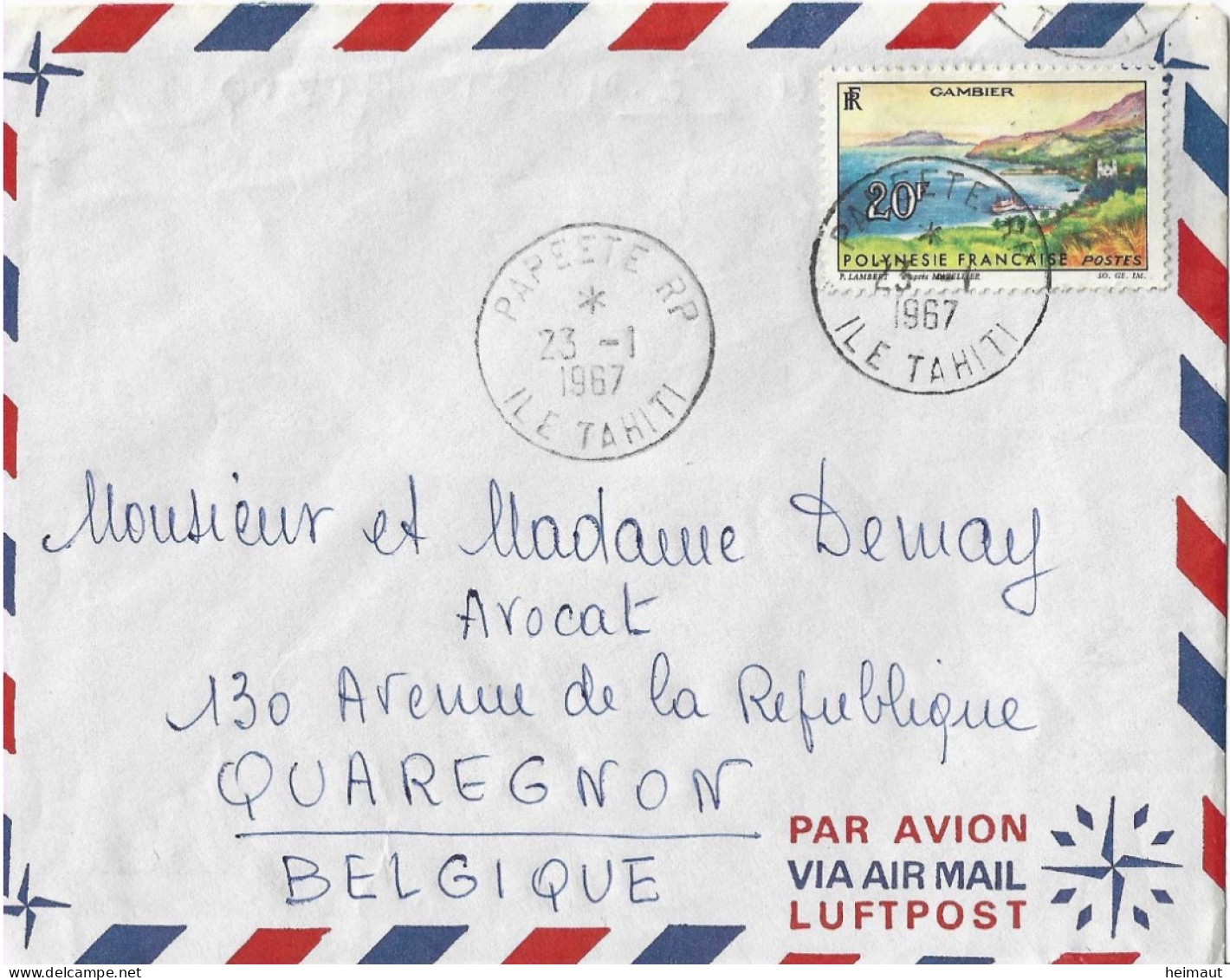 Lettre Air Mail De Papeete Pour Quaregnon 1967 - Tahiti