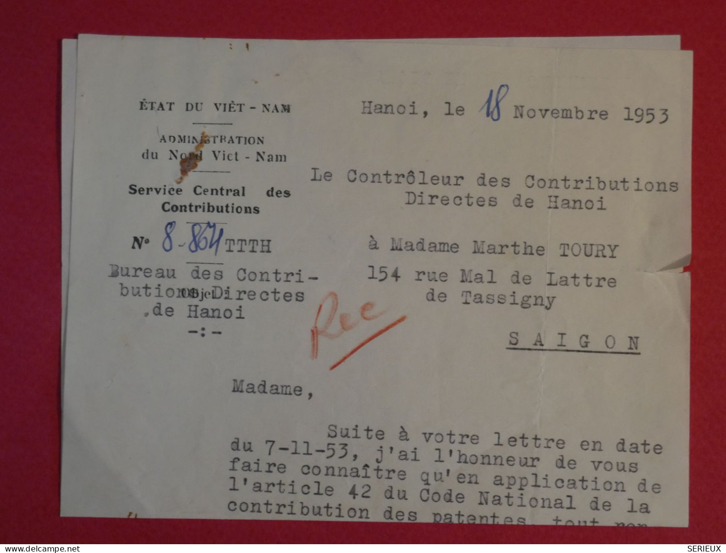 BT3  VIETNAM BELLE LETTRE D ETAT  1953 HANOI +INTERESSANT + - Unclassified