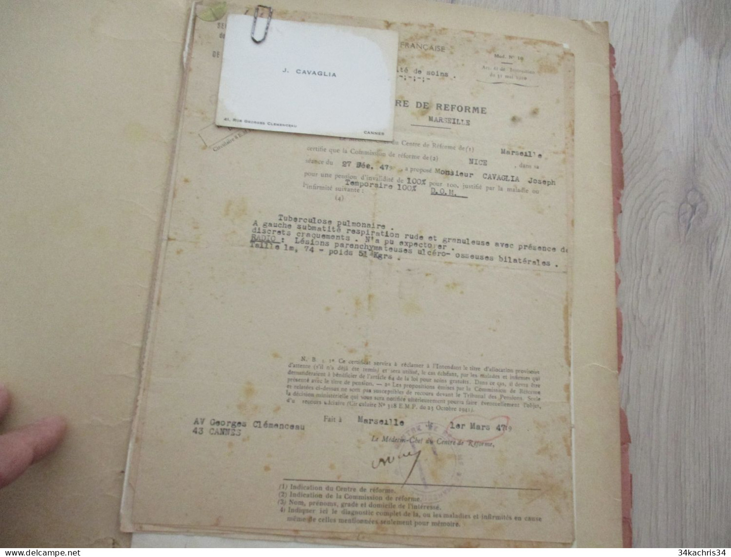 Militaria Guerre 39/45 Dossier Militaire Et Dommages De Guerre J.CAVAGLIA 156ème Infanterie - Documentos