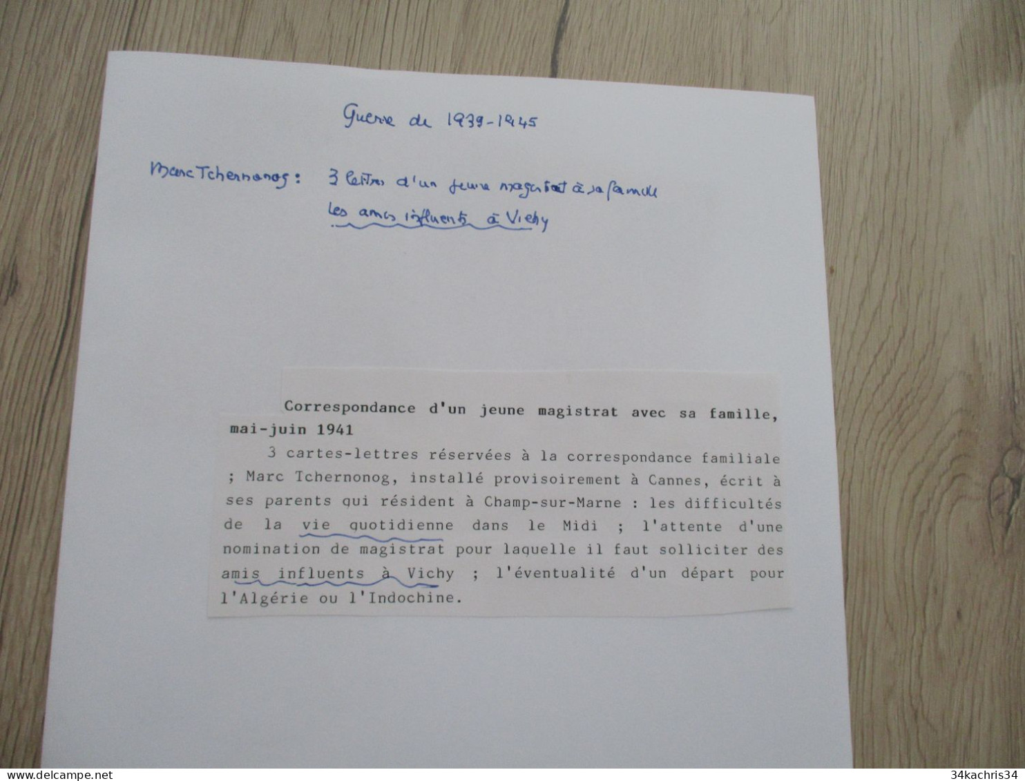 Militaria Guerre 39/45 MARC TCHERNONOG 3 Lettres D'un Jeune Magistrat à Sa Famille  1941 Vichy ..... - Documentos