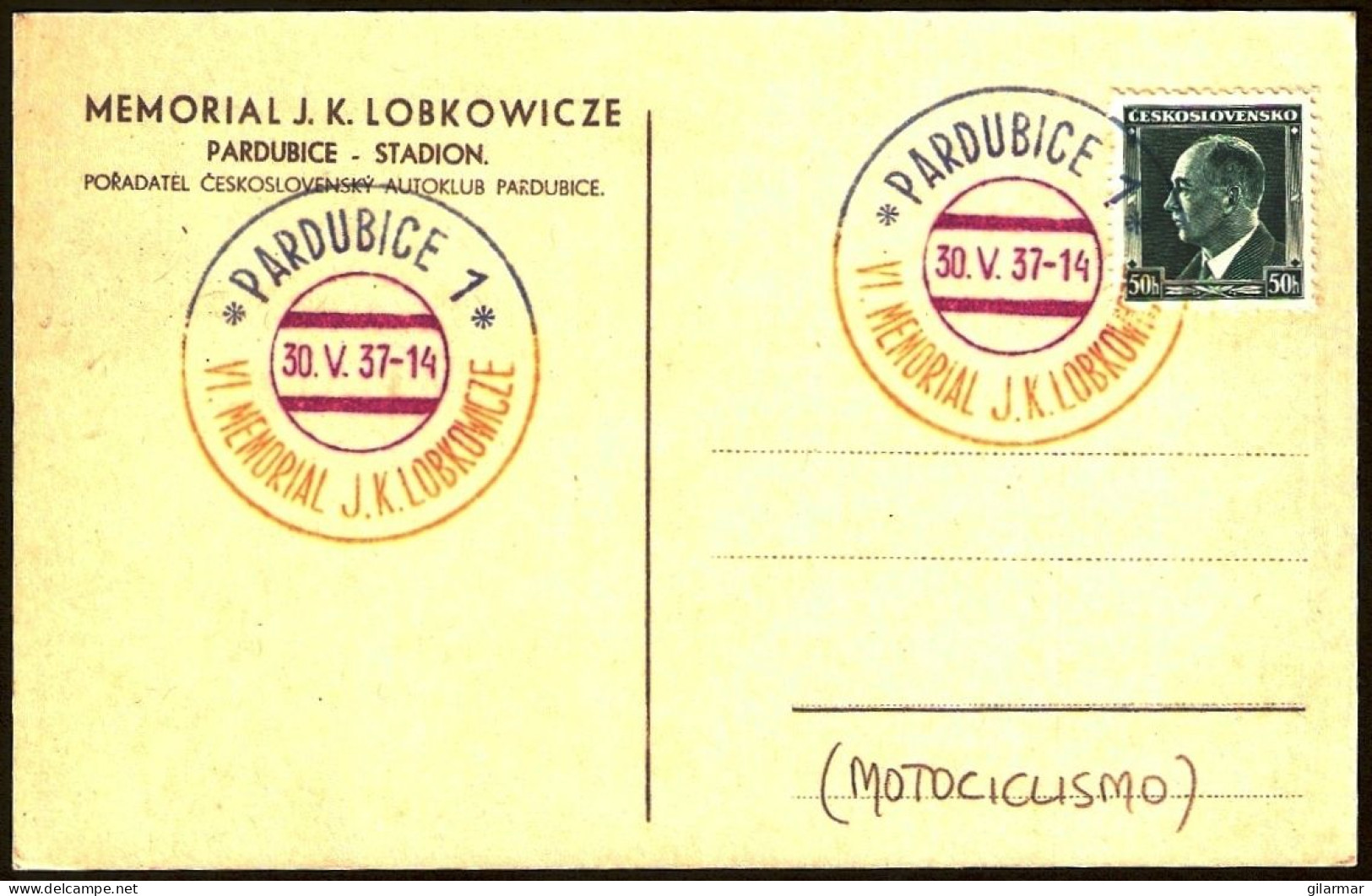 MOTORCYCLING - CECOSLOVACCHIA PARDUBICE 1937 - 5^ MEMORIAL J.K. LOBKOWICZE - CARTOLINA UFFICIALE - M - Moto