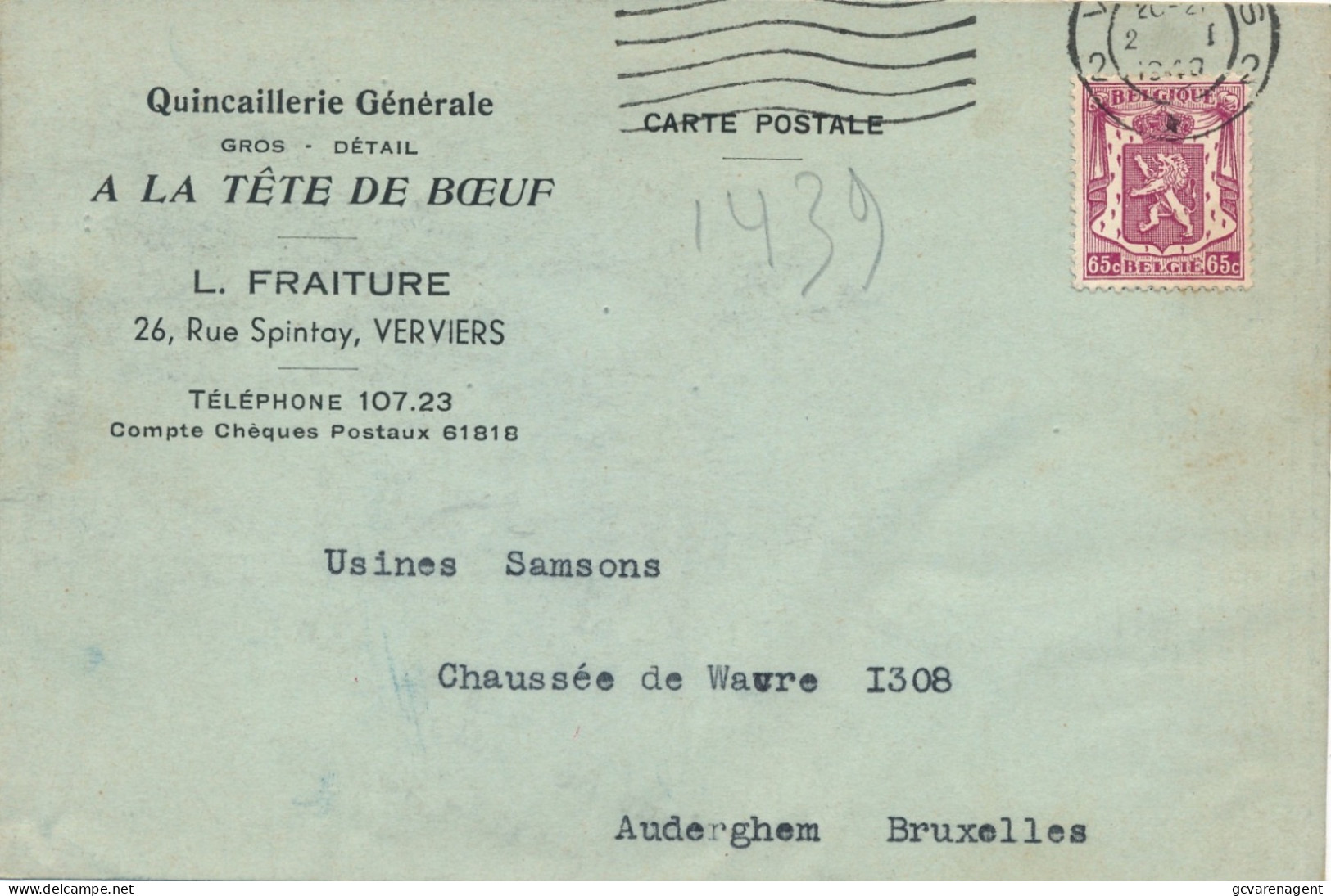 VERVIERS 1948 CARTE DE COMMERCE - QUINCAILLERIE GENARE - A LA TETE DE BOEUF - L.FRAITURE     2 SCANS - Verviers