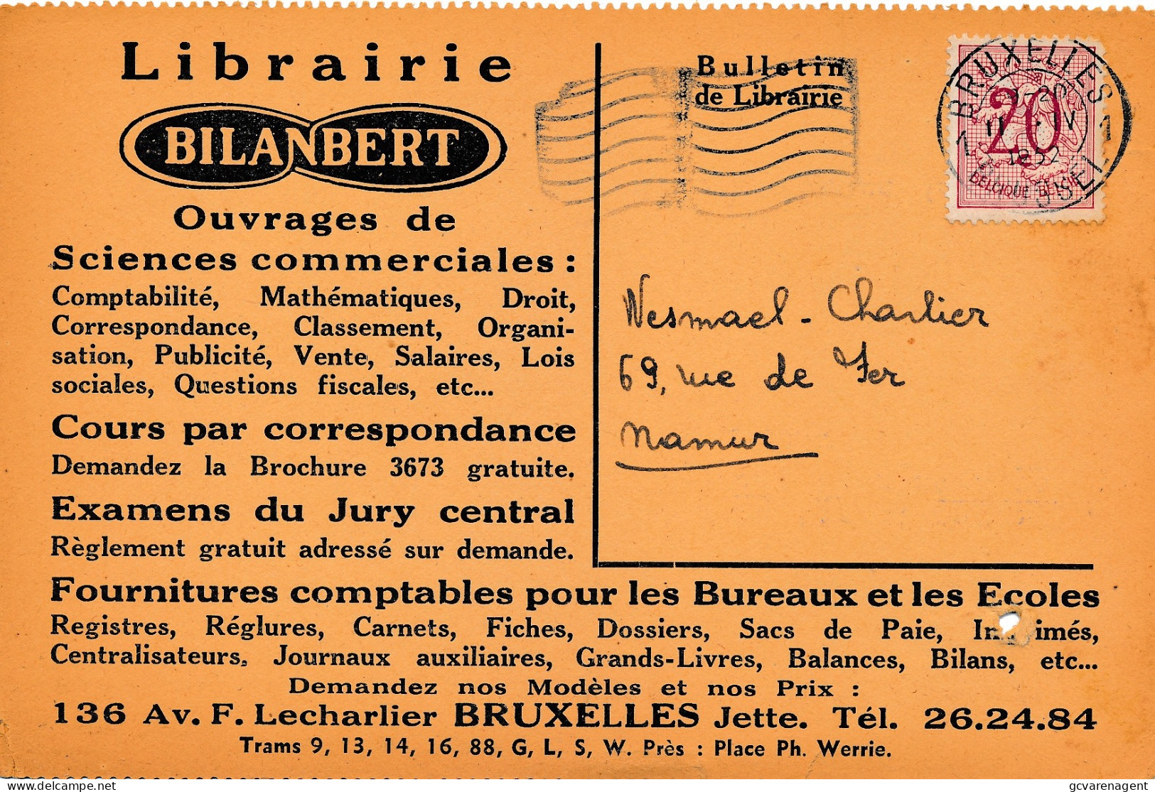 JETTE 1952 CARTE DE COMMERCE - LIBRAIRIE BILANBERT  136 AV.LECHARLIER JETTE    2 SCANS - Jette
