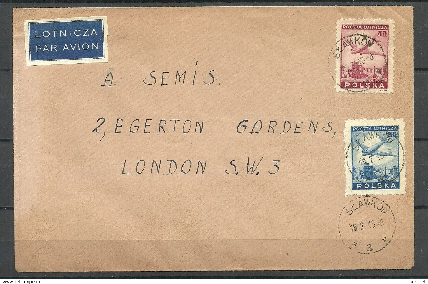 POLEN Poland 1948 Air Mail Cover O SLAWKOW To London Great Britain - Aviones