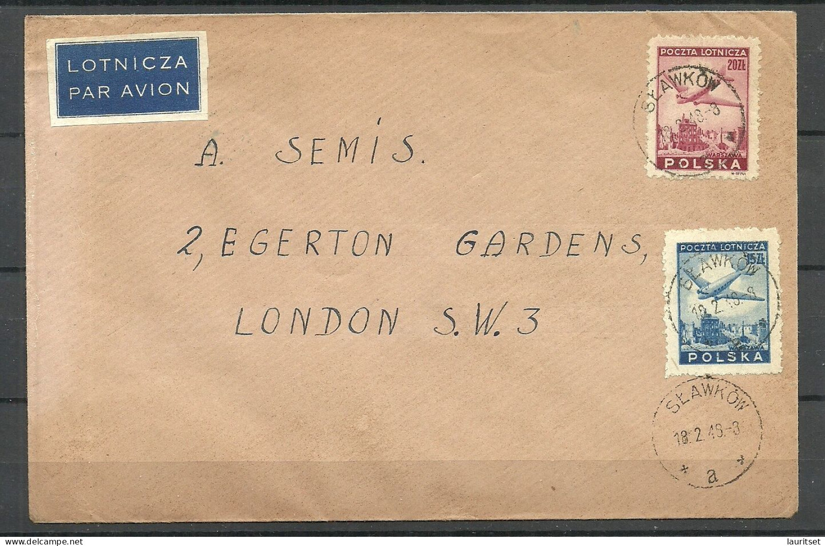 POLEN Poland 1948 Air Mail Cover O SLAWKOW To London Great Britain - Airplanes