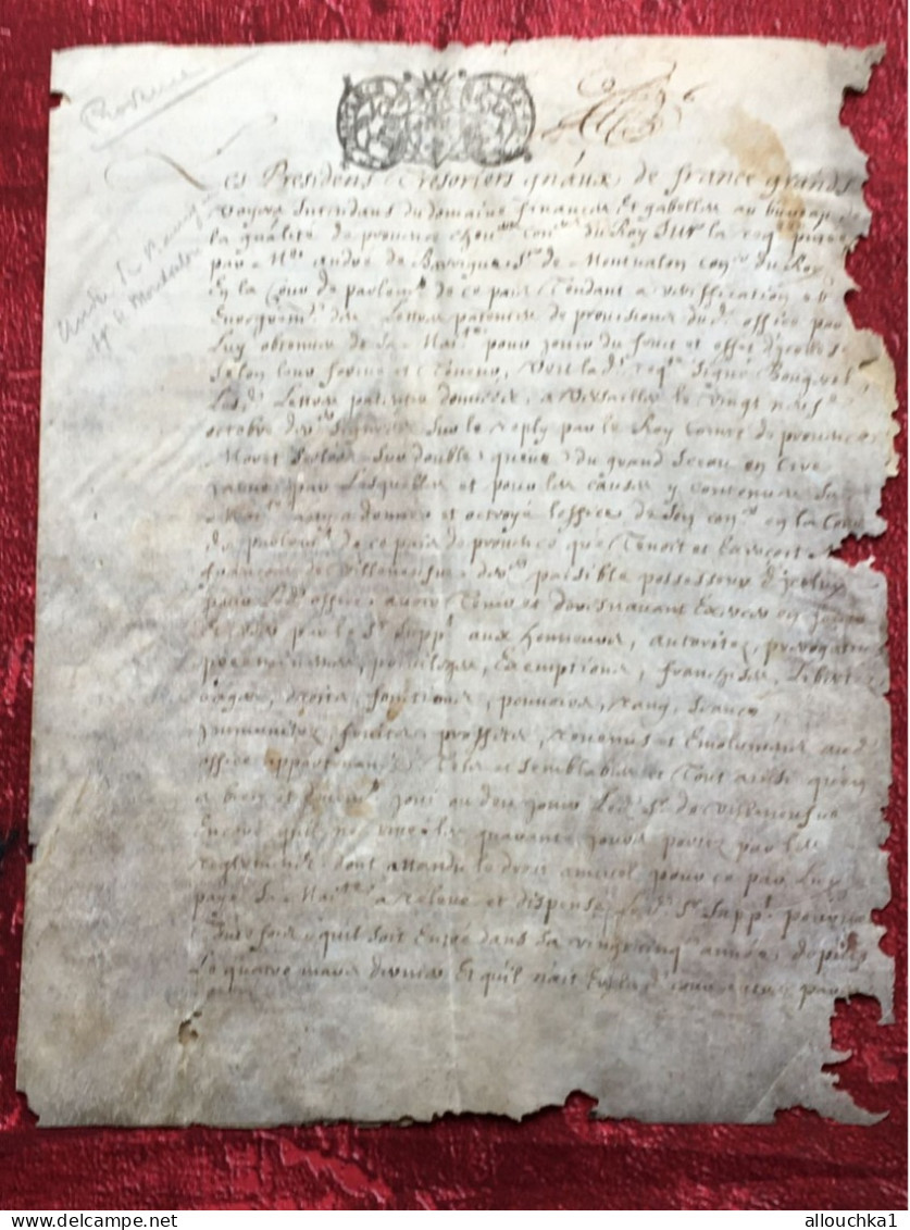 Blason Cachet De Provence Parchemin Manuscrit En Peau De Veau Du 18é Siècle Les Présidents Trésoriers G'neraux De France - Manuscrits