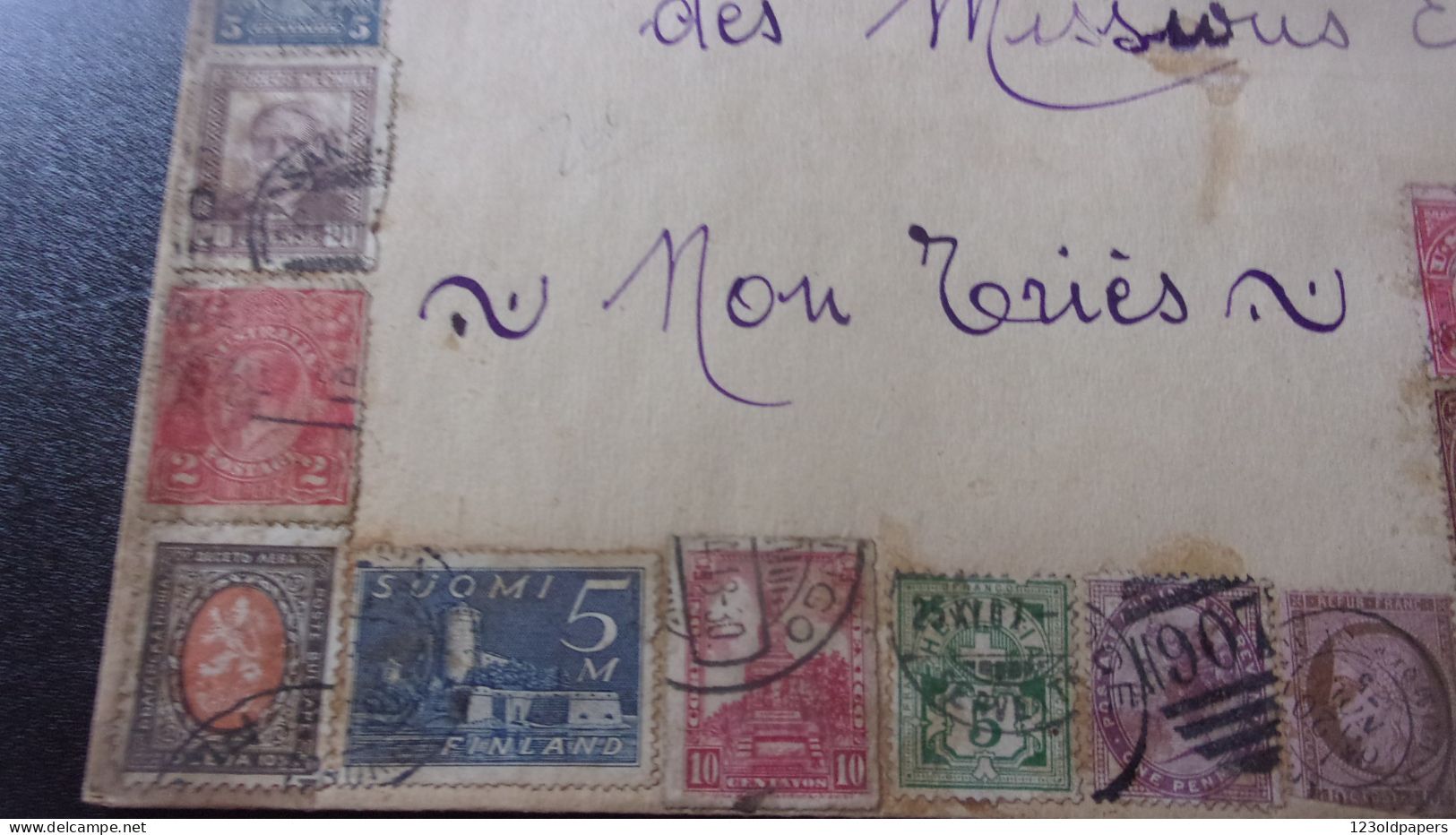 AMUSANTE ENVELOPPE ANCIENNE AVEC TIMBRES VERS 1900 SANS DOUTE D UN MARCHAND DE TIMBRES - Autres & Non Classés