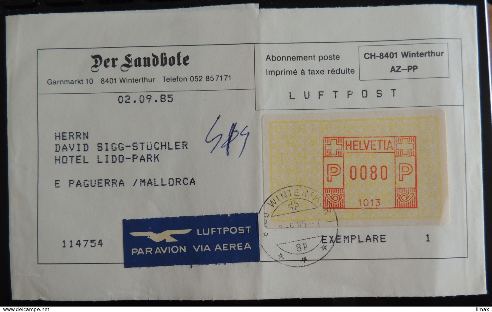 Der Landbote 8401 Winterthur 1985 > Paguerra [sic!] Mallorca - Luftpost - Postage Meters
