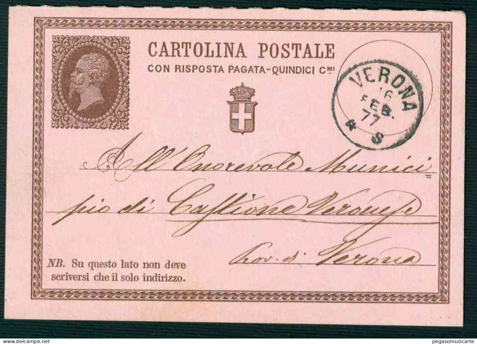 VX412 - CARTOLINA POSTALE CON RISPOSTA PAGATA 15 CENTESIMI  STORIA POSTALE INTERO POSTALE 1877 VERONA - Stamped Stationery