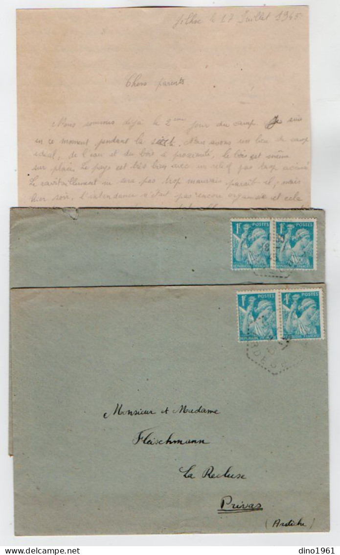 TB 4214 - 1945 - LAC - 2 Enveloppes & 1 Lettre - Mr M. FLEISCHMANN ( Scout ) à GILHAC Pour Mr & Mme FLEISCHMANN à PRIVAS - Cartas & Documentos