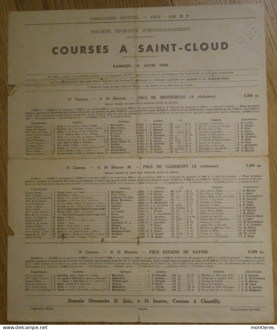 SAINT CLOUD Programme Courses Hippiques 10 Juin 1961 - PMU - Tiercé - - Sports & Tourisme