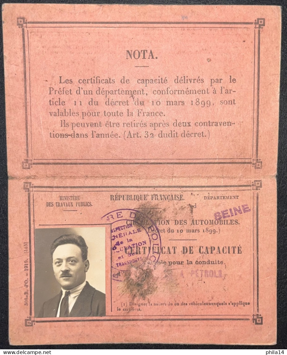 CERTIFICAT DE CAPACITE CIRCULATION DES AUTOMOBILES / SEINE / 1911 - Sonstige & Ohne Zuordnung