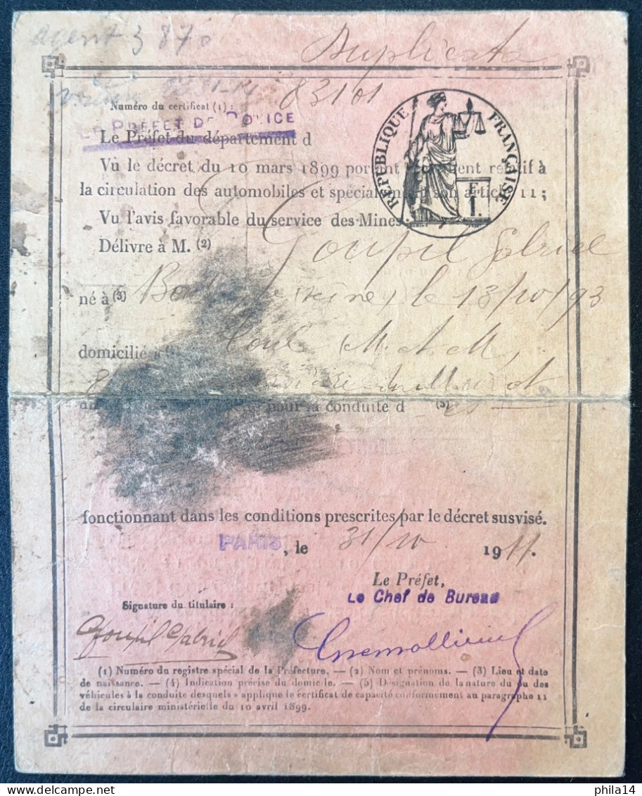 CERTIFICAT DE CAPACITE CIRCULATION DES AUTOMOBILES / SEINE / 1911 - Sonstige & Ohne Zuordnung