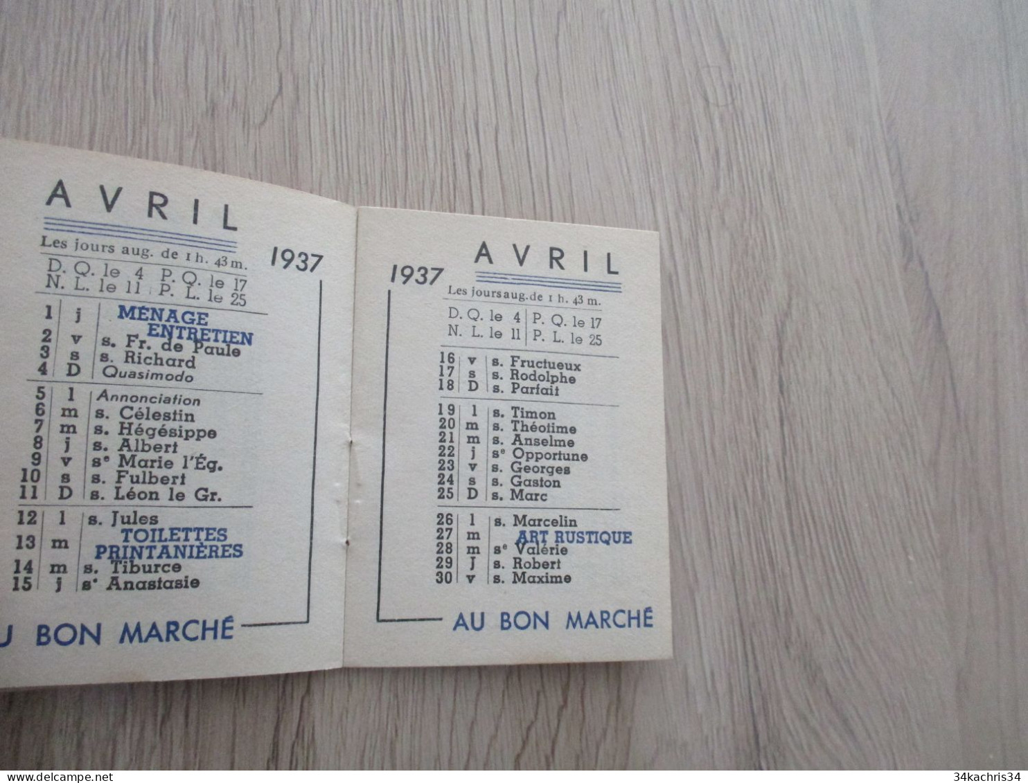Calendrier  Pub Publicité Ancien Au Bon Marché Almanach 1937 - Petit Format : 1941-60
