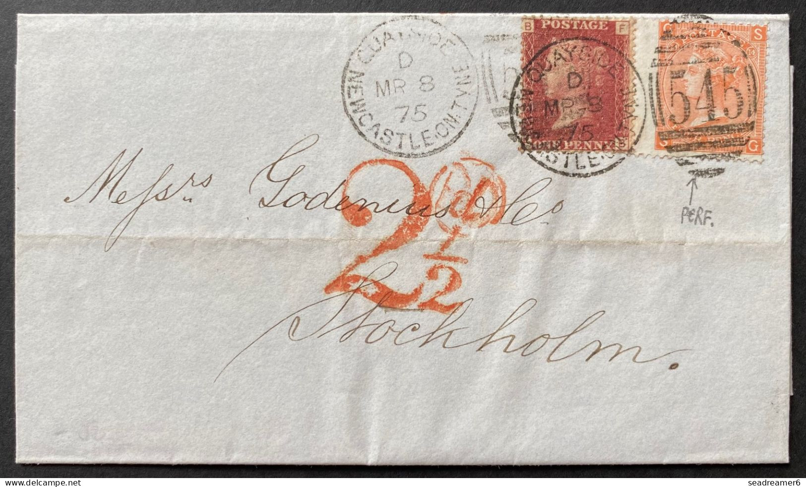 Grande Bretagne Lettre MARS 1875 N°32 1P Pl 171 + 4 Pence Pl 14 Oblitérés Killer 545 De New Castle Pour La SUEDE TTB - Storia Postale