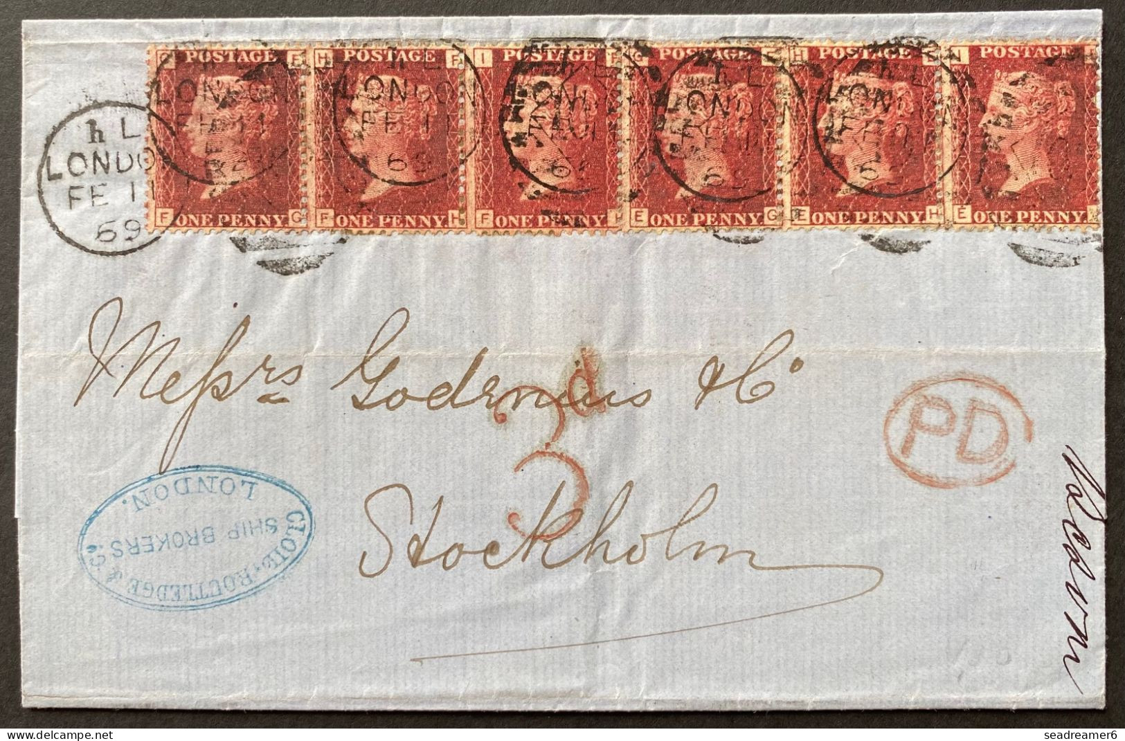 Grande Bretagne Lettre FEV 1869 N°32 1P Bande De 6 !! Pl 118 Oblitéré Dupleix 103 De LONDON Pour La SUEDE TTB & R - Cartas & Documentos