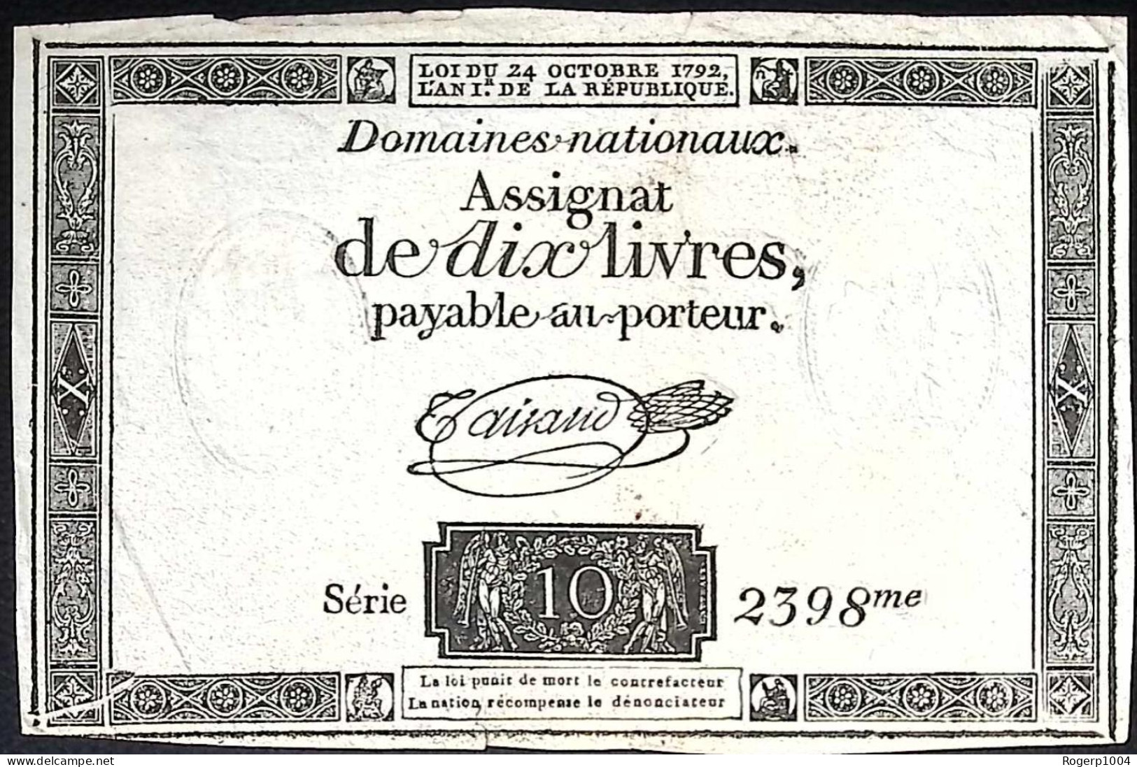 FRANCE * Assignat De 10 Livres * Date 24/10/1792  An I * Filigrane Royal * Etat/Grade TTB+/XF * - Assignats & Mandats Territoriaux