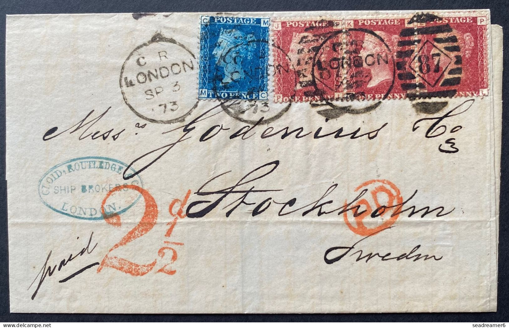 Grande Bretagne Lettre SEP 1873 N°26 1P X3 Pl 159 + 27 2P Pl 14 Oblitérés Killer 87/ LONDRES Pour La SUEDE STOCKHOLM TTB - Storia Postale