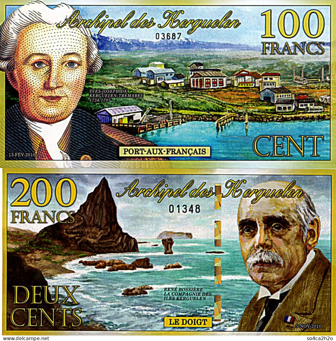 Lot 2 Billets Polymer Archipel Des Kerguelen 100 Et 200 Francs 2010  UNC - Fictifs & Spécimens