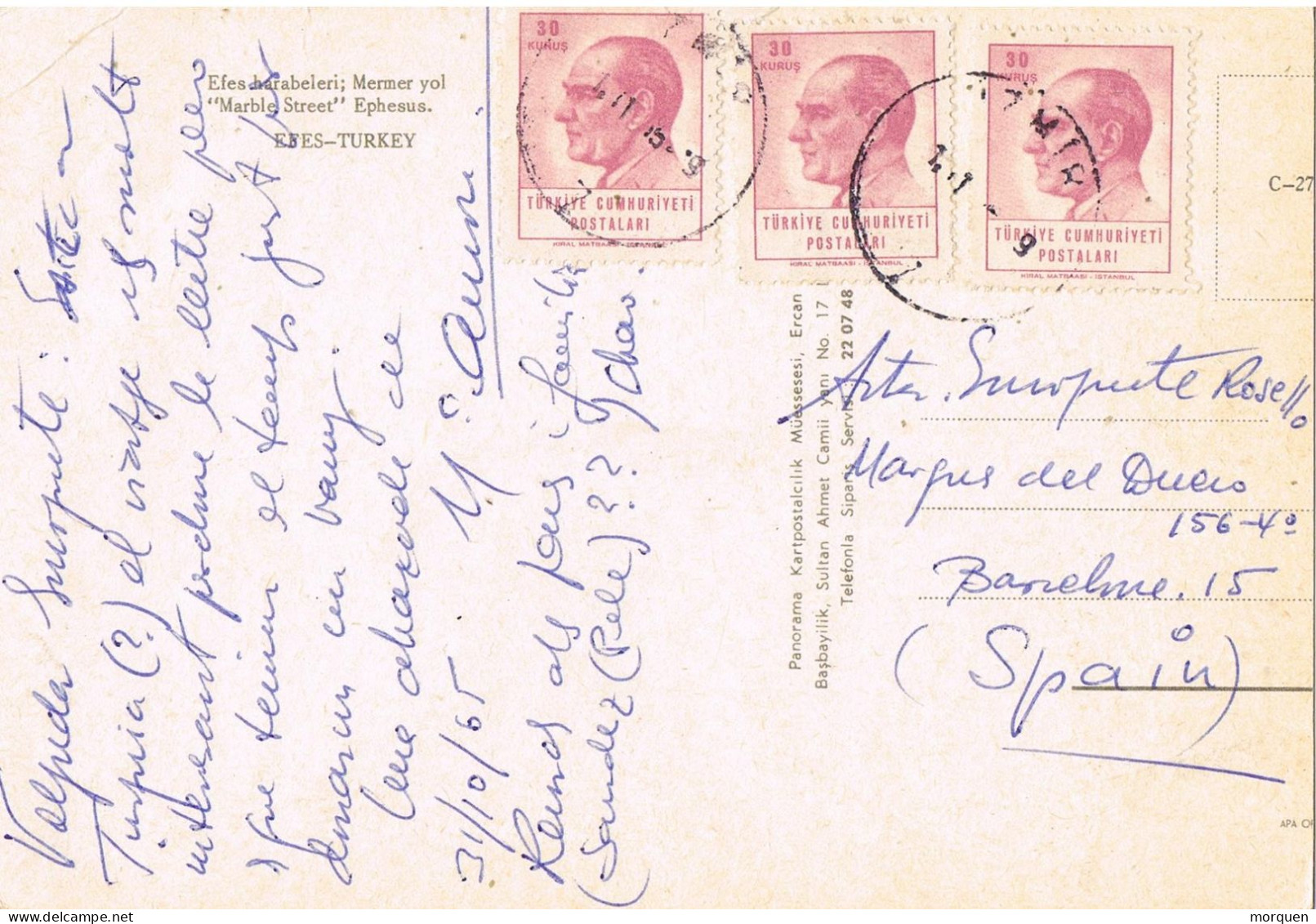 50228. Postal Aerea IZMIR (Turquia) 1979 To Barcelona. Ruinas Romanas De EFESO, Efes (turquia) - Lettres & Documents