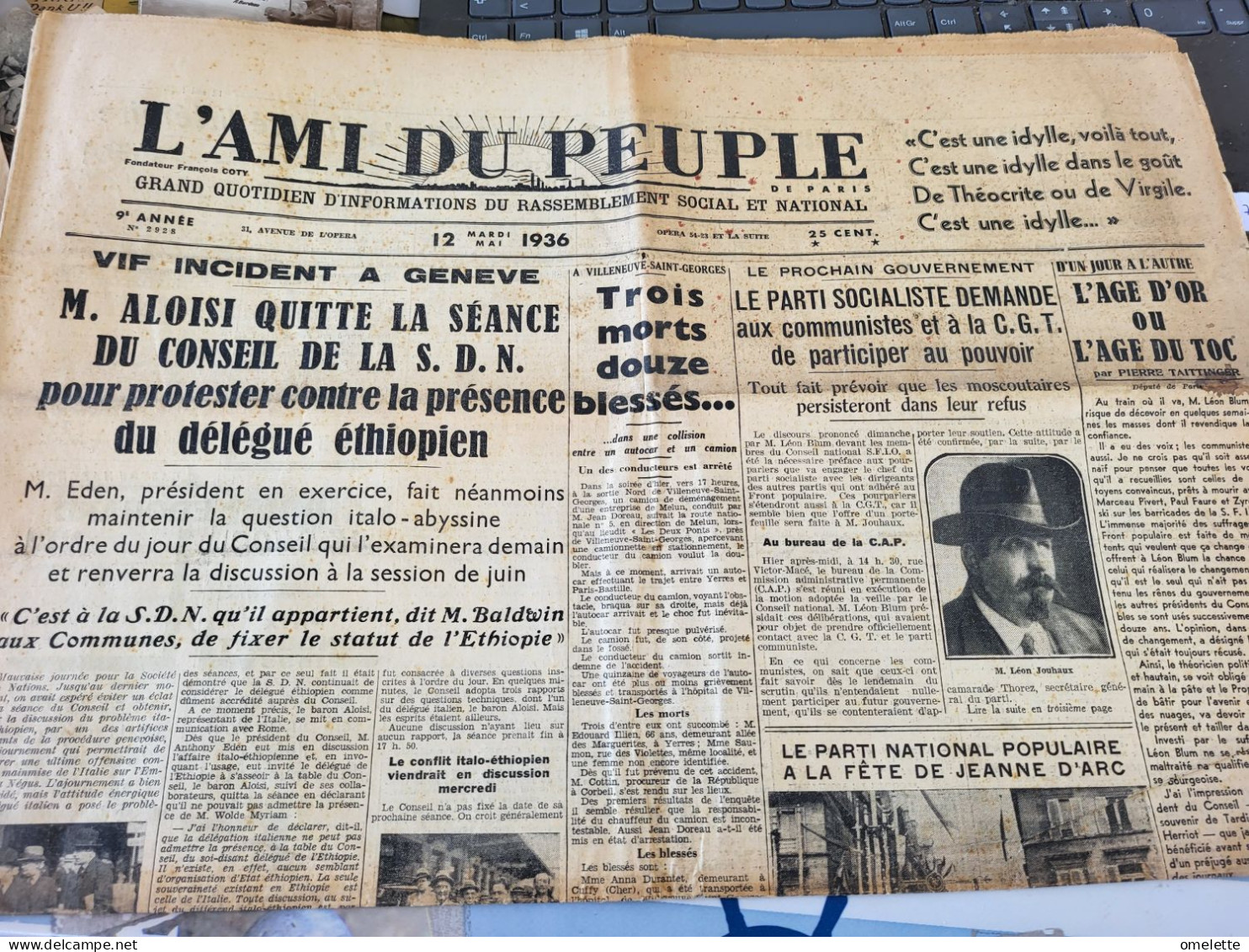 AMI PEUPLE 36 / SDN GENEVE ALOISI ETHIOPIE /LEON JOUHAUX PARTI SOCIALISTE CGT /PAUL BONCOUR CHANCEL / - Havre Libre