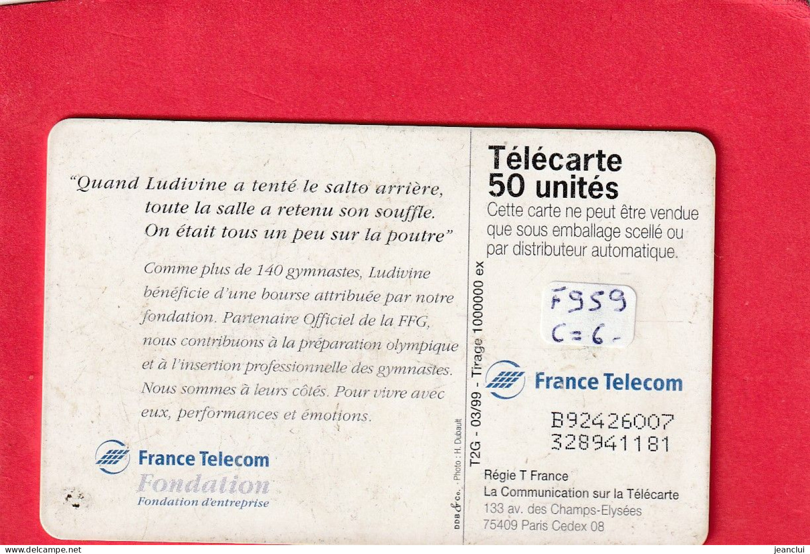 F 959   .  LUDIVINE FURNON F.T. GYM  -   50 U  -  GEM2 .  COTE  = 6 €  .  2 SCANES - 1999